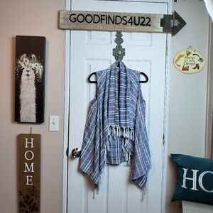 Lori Mari Blue Plaid Fringe Cottagecore Boho Cardigan Kimono S/P Cotton